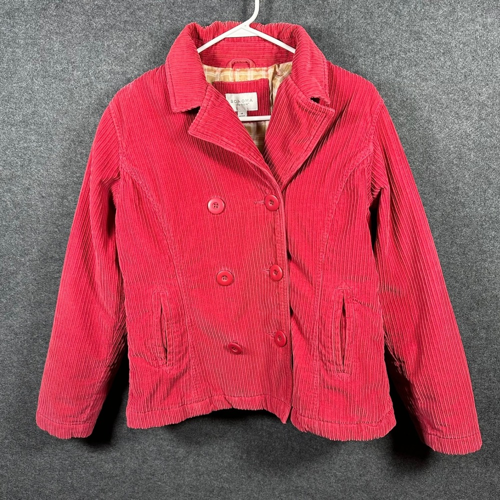 Sonoma Pink Red Corduroy Pea Coat Jacket Womens Medium Double Breasted Cotton